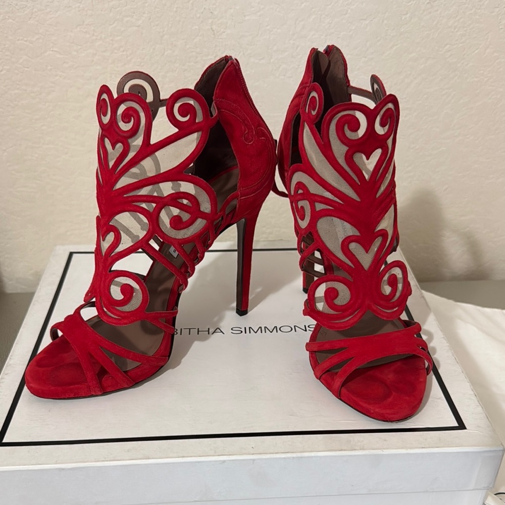 Tabitha Simmons Red Stiletto Heels with Intricate Cut-Out Design